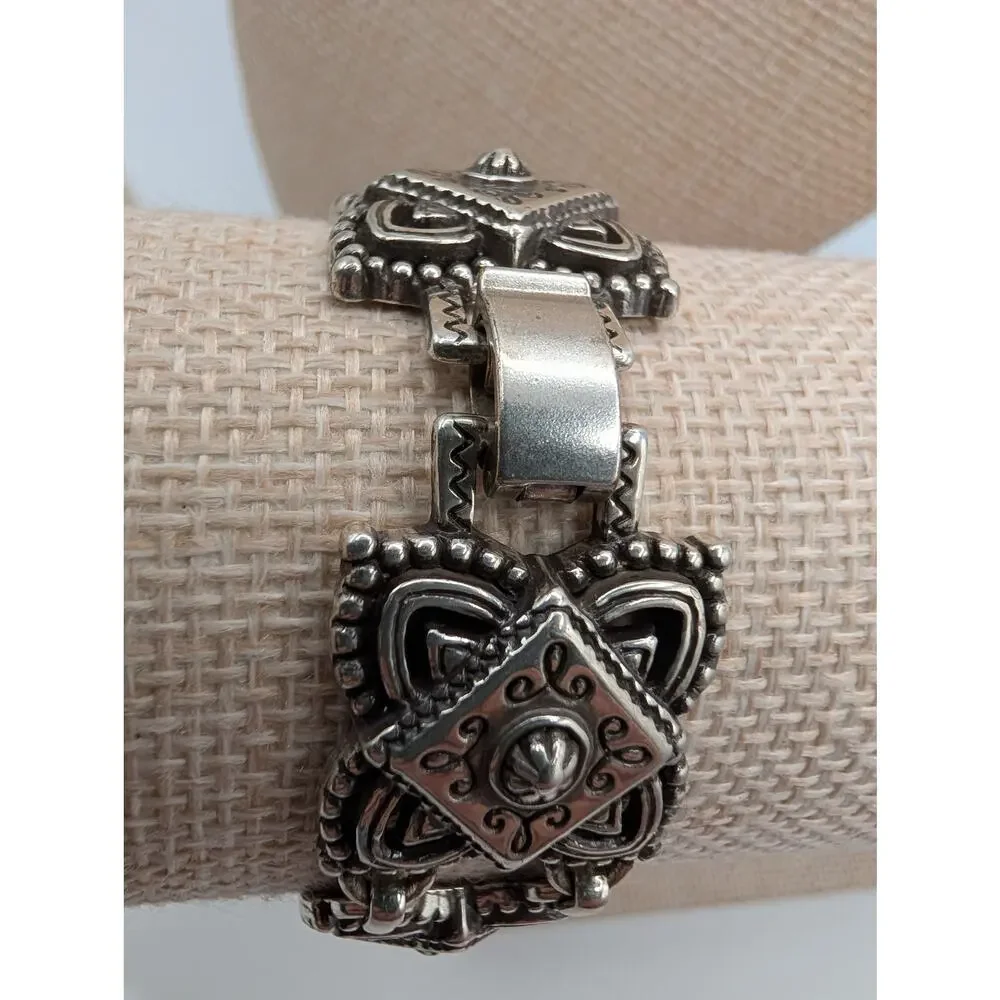 Brighton Ornate Silver Tone Link Bracelet Tribal Bohemian Style Box Clasp 7 Inch